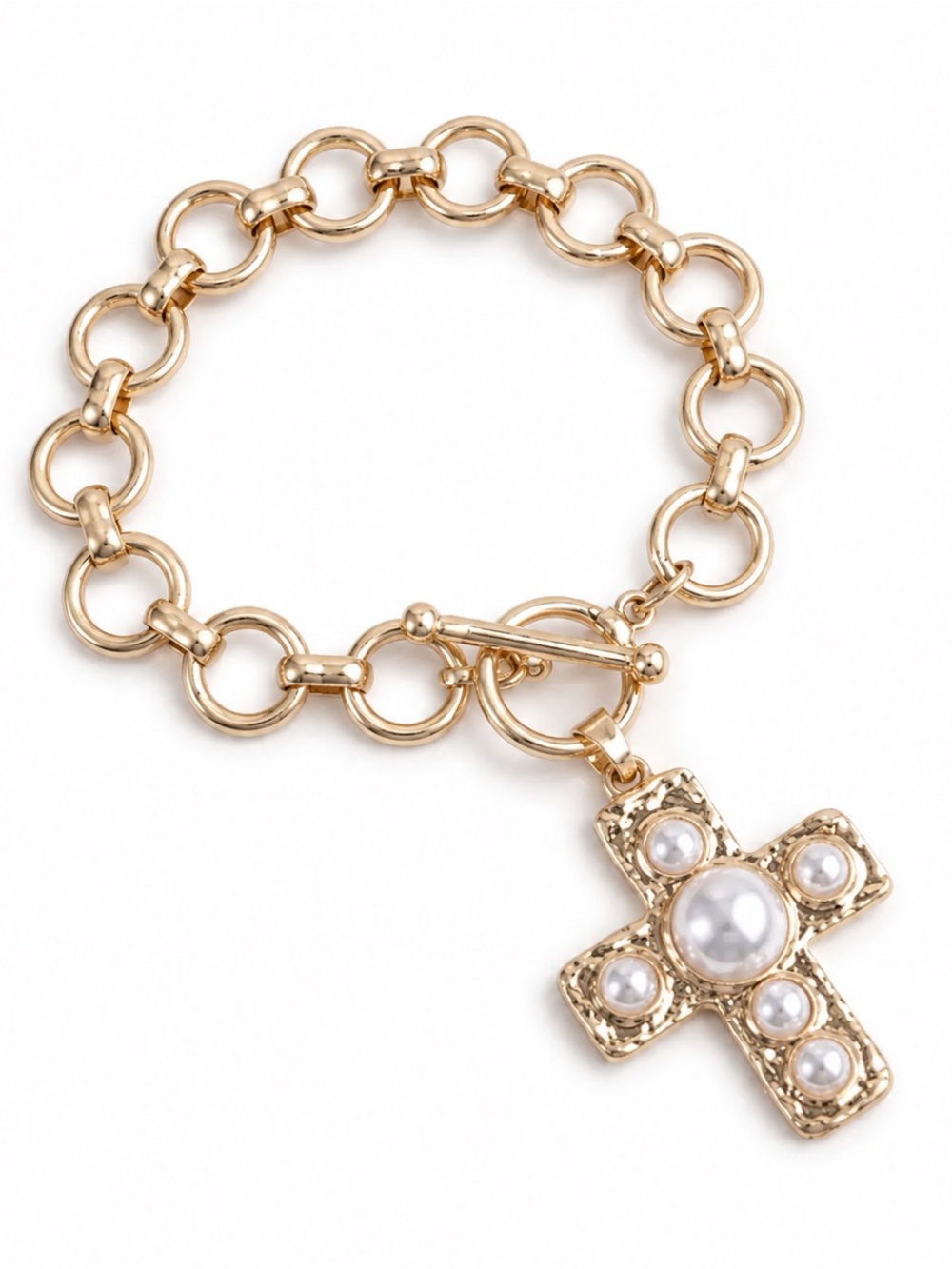 BRAND NEW WITH TAGS Worn Gold Primitive Cross Pearl Bracelet